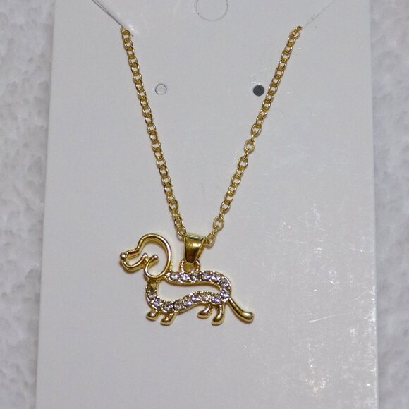 Gold Dachshund 18" Necklace Rhinestone Girls Hot Dog Doxie - Picture 6 of 6